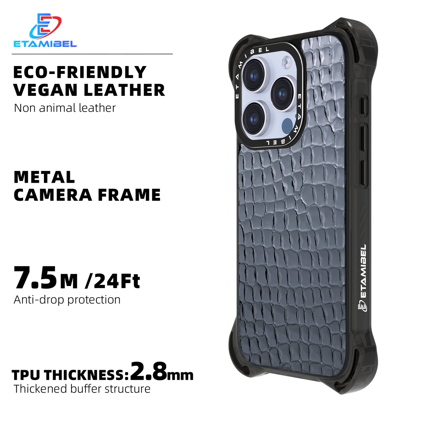 Etamibel Black Vegan Leather iPhone 16 Phone Case with Bulit-in Magnet and MagSafe Support | Up to 7.5M Drop Protection with Metal Camera Frame